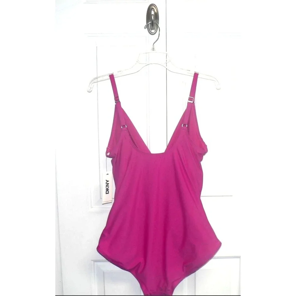 DKNY Women's Crossover Tummy Control Ruched One-Piece Swimsuit Amalfi Pink XL - Picture 5 of 7